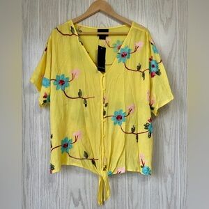 Liv Los Angeles Blouse Yellow Embroidered Button Up V Neck Tie Boho Size L NWT